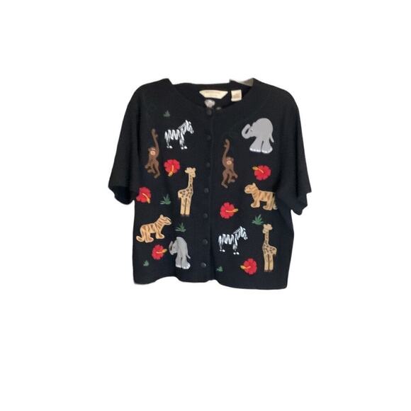 Vintage Bechamel Cardigan PL Embroidered Jungle Animal Zoo Safari Short sleeve - Picture 1 of 4
